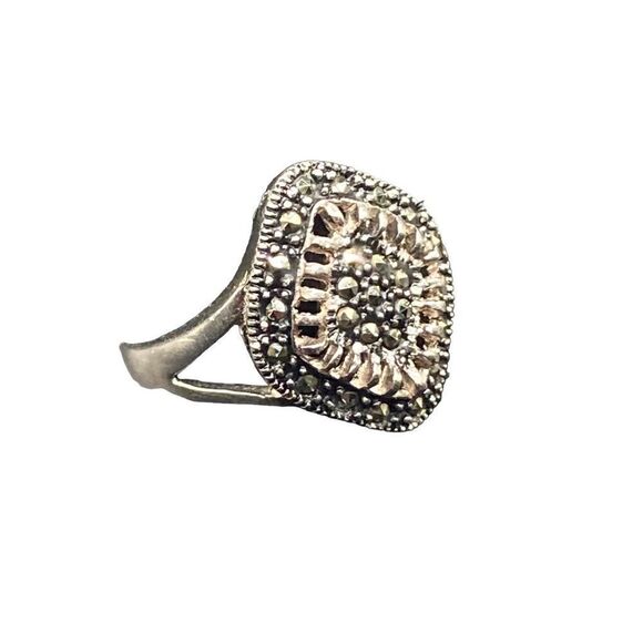 Sterling Silver 925 Marcasite black spinel ring open work weave size 7 - Picture 2 of 7